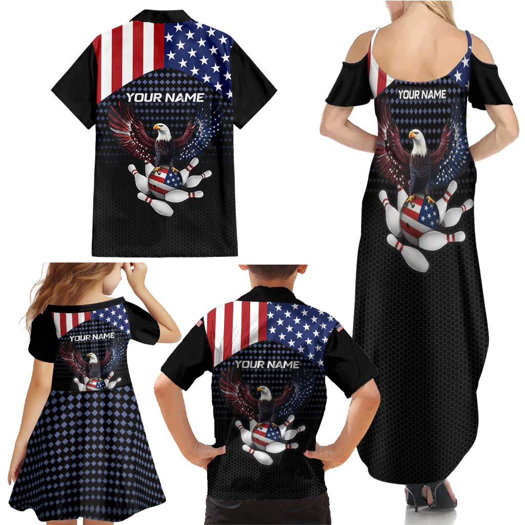 Custom Patriotic Bowling Family Matching Summer Maxi Dress and Hawaiian Shirt with Bald Eagle, American Flag Bowling Ball - Wonder Print Shop