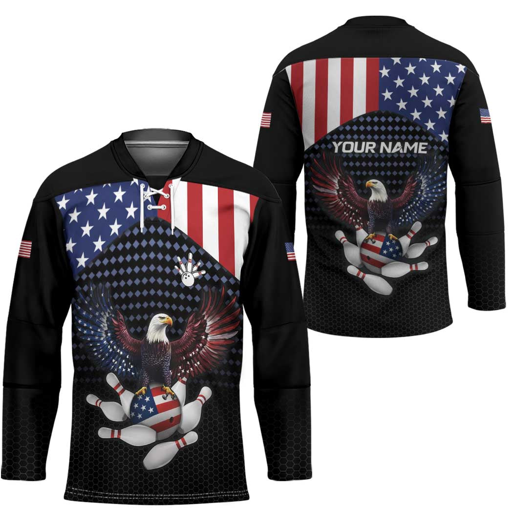 Custom Patriotic Bowling Hockey Jersey with Bald Eagle, American Flag Bowling Ball - Wonder Print Shop