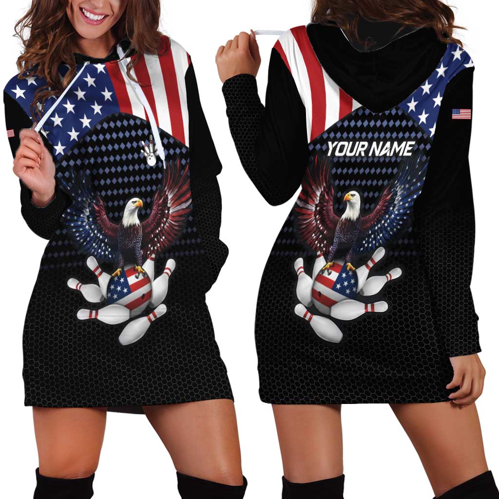 Custom Patriotic Bowling Hoodie Dress with Bald Eagle, American Flag Bowling Ball - Wonder Print Shop