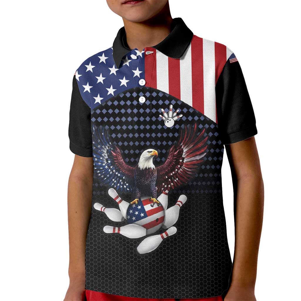 Custom Patriotic Bowling Kid Polo Shirt with Bald Eagle, American Flag Bowling Ball - Wonder Print Shop