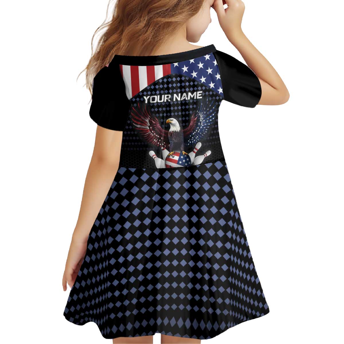 Custom Patriotic Bowling Kid Short Sleeve Dress with Bald Eagle, American Flag Bowling Ball - Wonder Print Shop