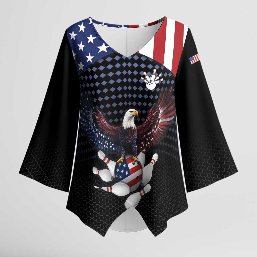 Custom Patriotic Bowling Kimono Sleeve Blouse with Bald Eagle, American Flag Bowling Ball - Wonder Print Shop