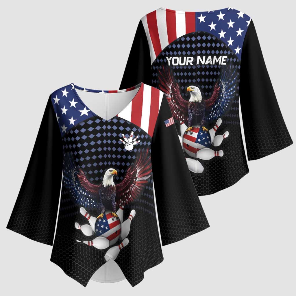 Custom Patriotic Bowling Kimono Sleeve Blouse with Bald Eagle, American Flag Bowling Ball - Wonder Print Shop