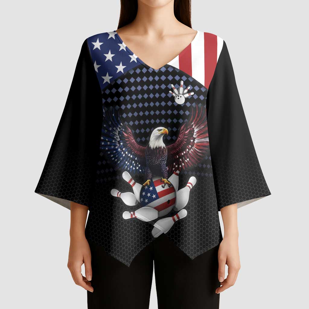 Custom Patriotic Bowling Kimono Sleeve Blouse with Bald Eagle, American Flag Bowling Ball - Wonder Print Shop