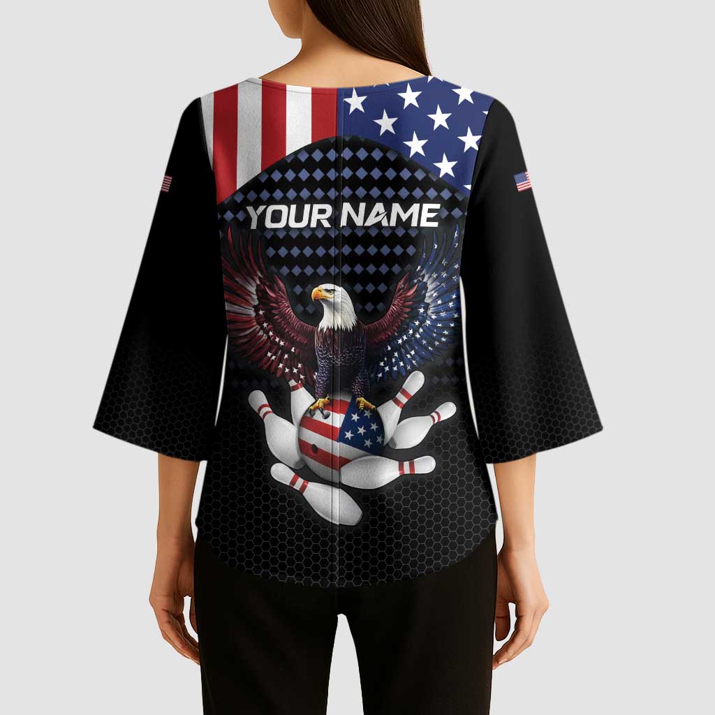 Custom Patriotic Bowling Kimono Sleeve Blouse with Bald Eagle, American Flag Bowling Ball - Wonder Print Shop