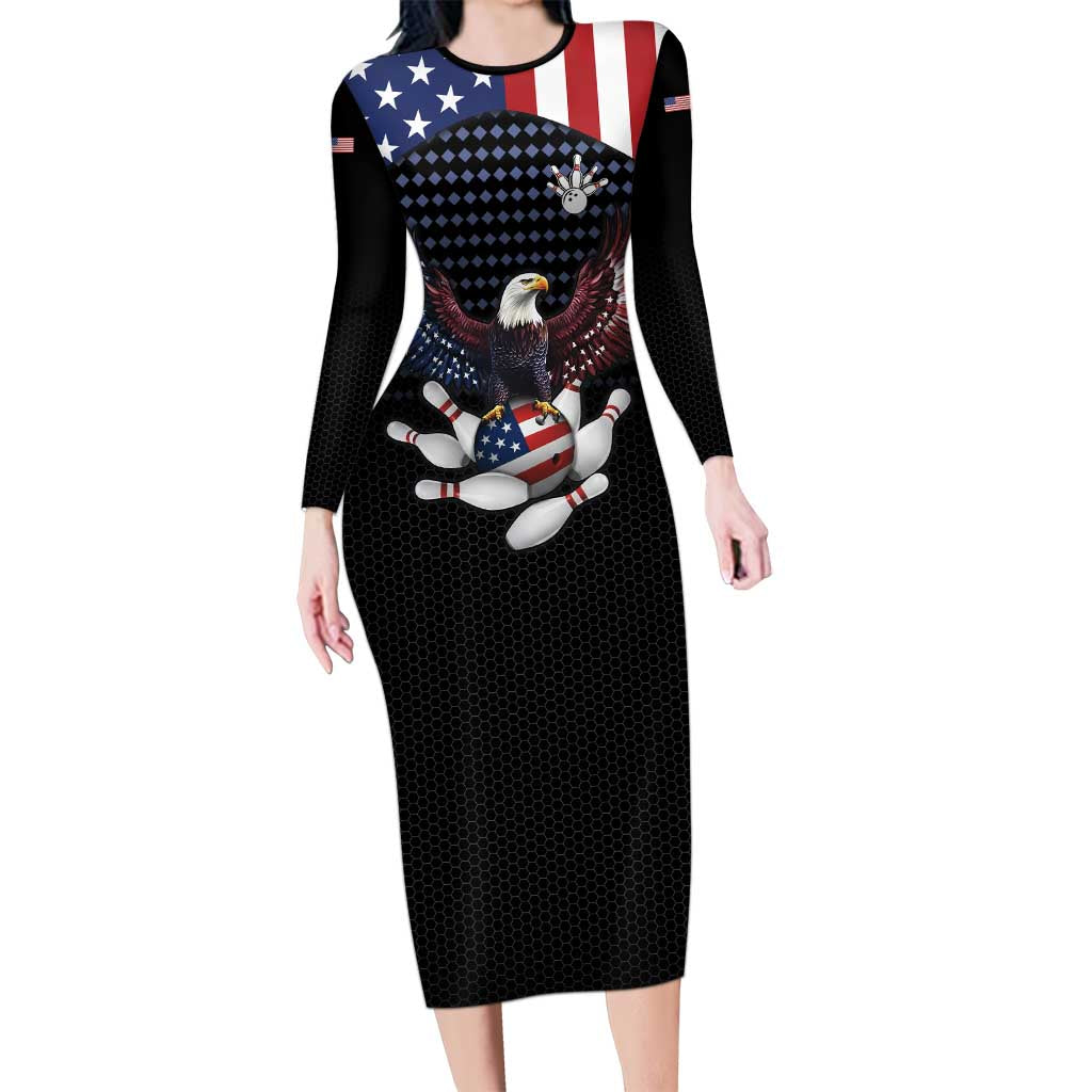 Custom Patriotic Bowling Long Sleeve Bodycon Dress with Bald Eagle, American Flag Bowling Ball - Wonder Print Shop