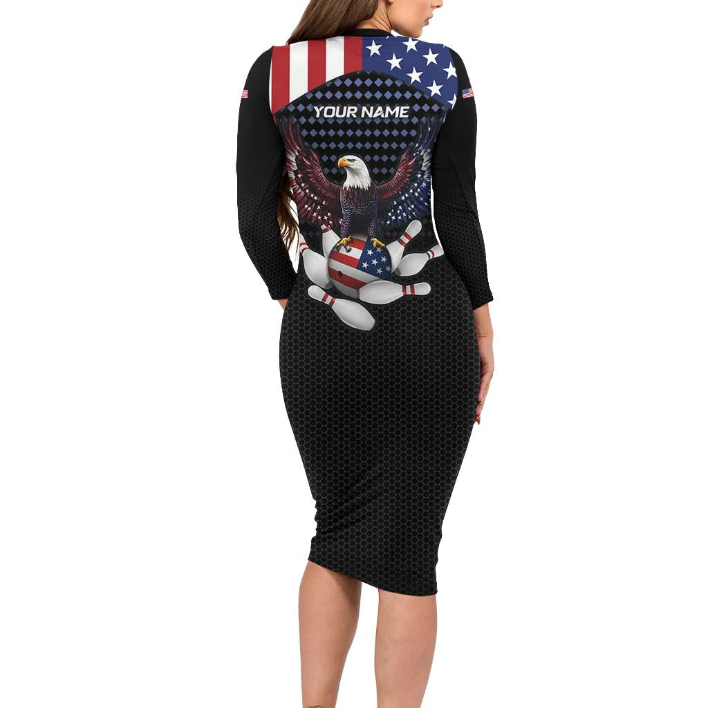 Custom Patriotic Bowling Long Sleeve Bodycon Dress with Bald Eagle, American Flag Bowling Ball - Wonder Print Shop