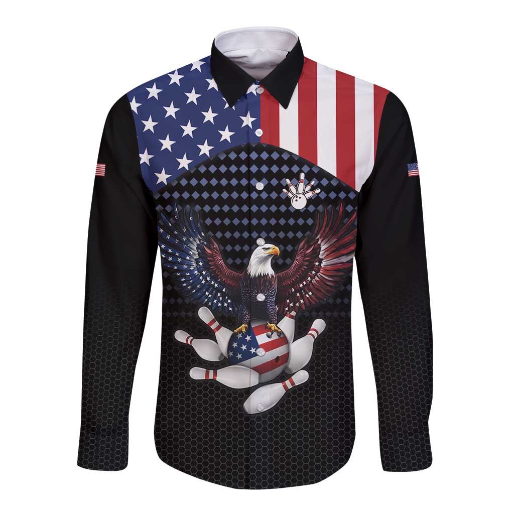 Custom Patriotic Bowling Long Sleeve Button Shirt with Bald Eagle, American Flag Bowling Ball - Wonder Print Shop