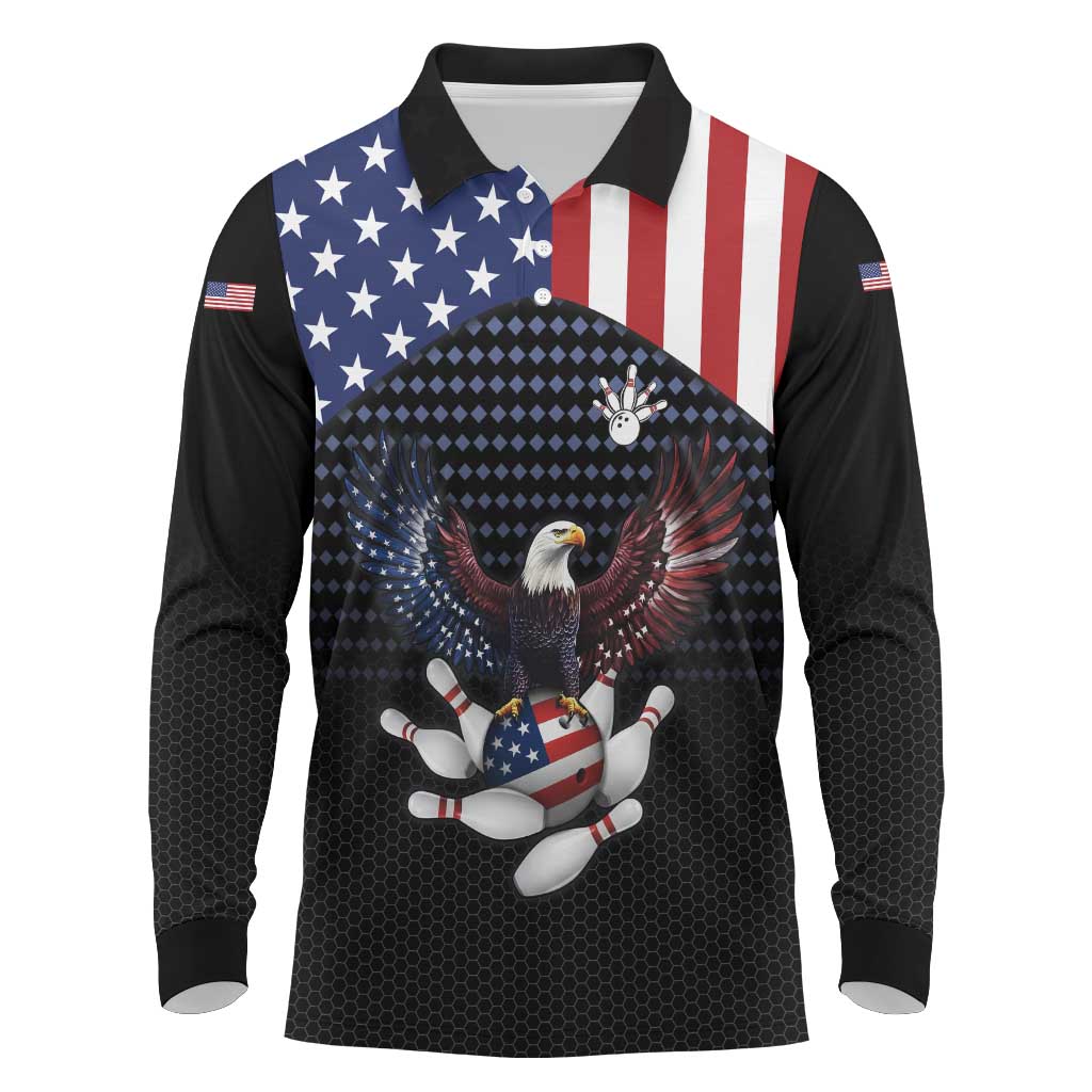 Custom Patriotic Bowling Long Sleeve Polo Shirt with Bald Eagle, American Flag Bowling Ball - Wonder Print Shop