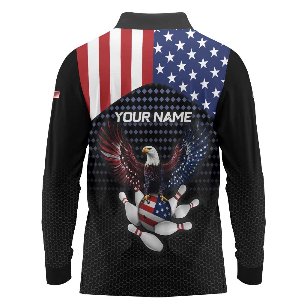 Custom Patriotic Bowling Long Sleeve Polo Shirt with Bald Eagle, American Flag Bowling Ball - Wonder Print Shop