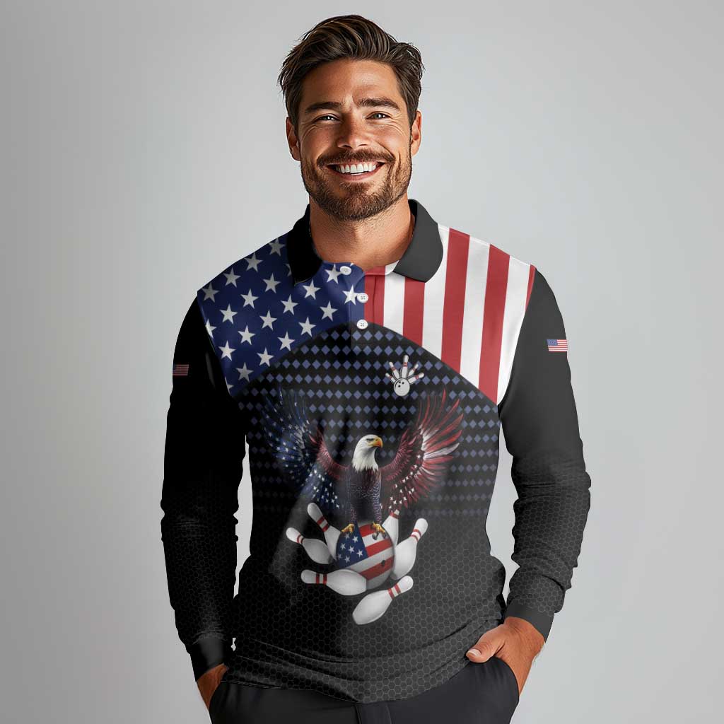 Custom Patriotic Bowling Long Sleeve Polo Shirt with Bald Eagle, American Flag Bowling Ball - Wonder Print Shop