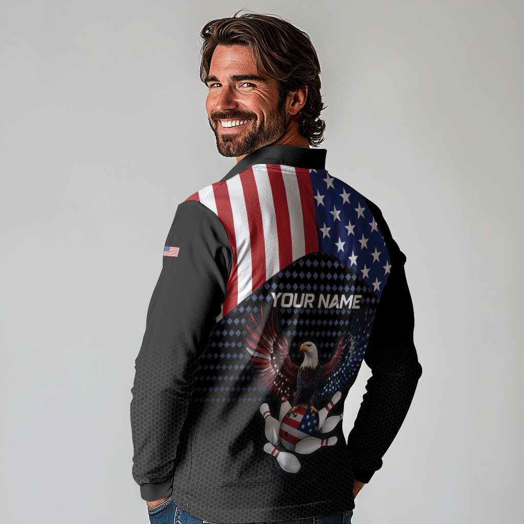 Custom Patriotic Bowling Long Sleeve Polo Shirt with Bald Eagle, American Flag Bowling Ball - Wonder Print Shop