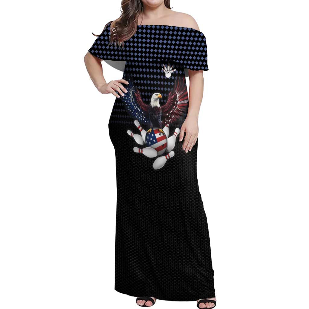 Custom Patriotic Bowling Off Shoulder Maxi Dress with Bald Eagle, American Flag Bowling Ball - Wonder Print Shop