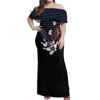 Custom Patriotic Bowling Off Shoulder Maxi Dress with Bald Eagle, American Flag Bowling Ball - Wonder Print Shop