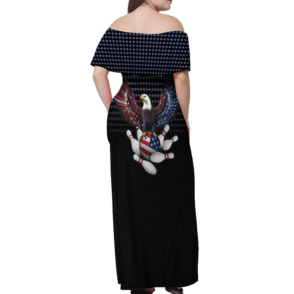 Custom Patriotic Bowling Off Shoulder Maxi Dress with Bald Eagle, American Flag Bowling Ball - Wonder Print Shop