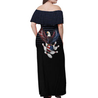 Custom Patriotic Bowling Off Shoulder Maxi Dress with Bald Eagle, American Flag Bowling Ball - Wonder Print Shop