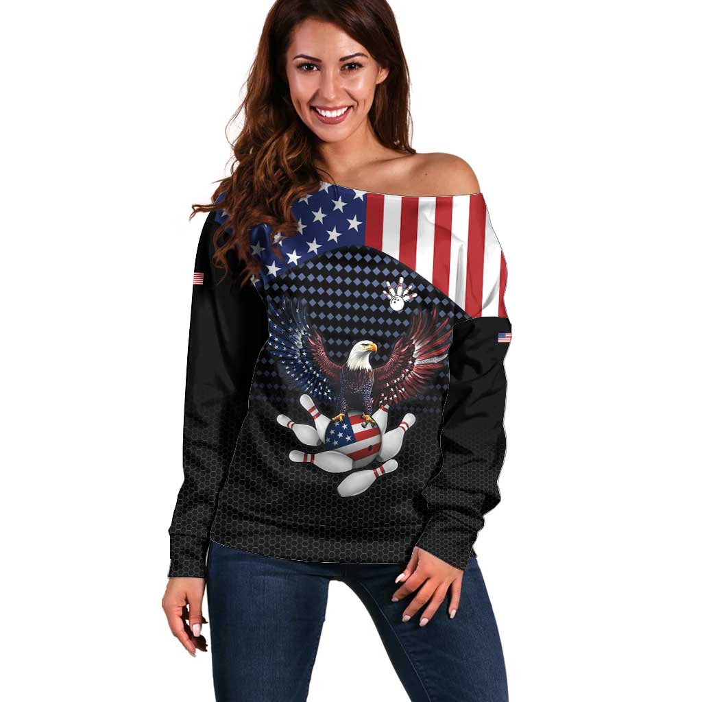 Custom Patriotic Bowling Off Shoulder Sweater with Bald Eagle, American Flag Bowling Ball - Wonder Print Shop
