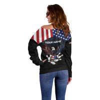 Custom Patriotic Bowling Off Shoulder Sweater with Bald Eagle, American Flag Bowling Ball - Wonder Print Shop