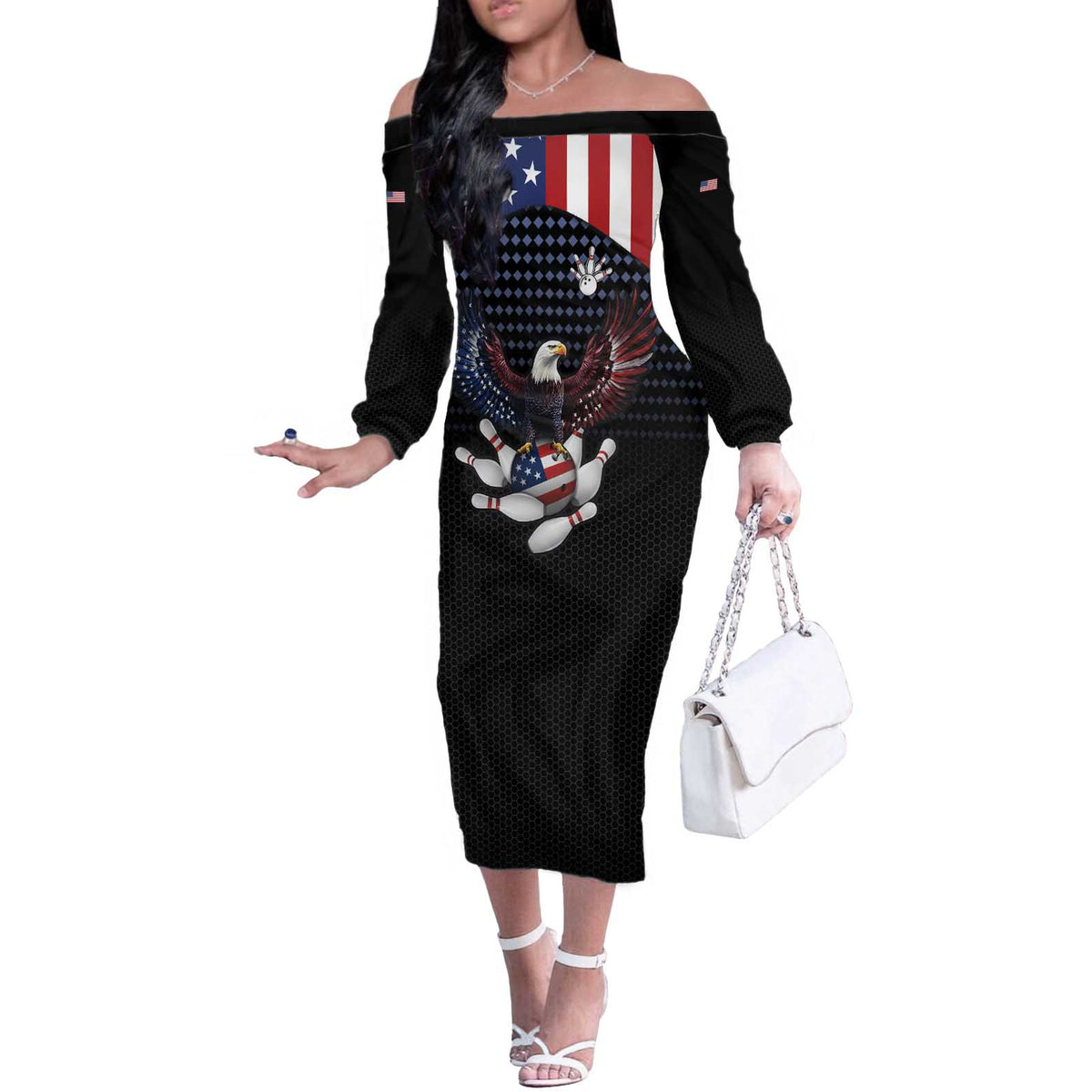 Custom Patriotic Bowling Off The Shoulder Long Sleeve Dress with Bald Eagle, American Flag Bowling Ball - Wonder Print Shop