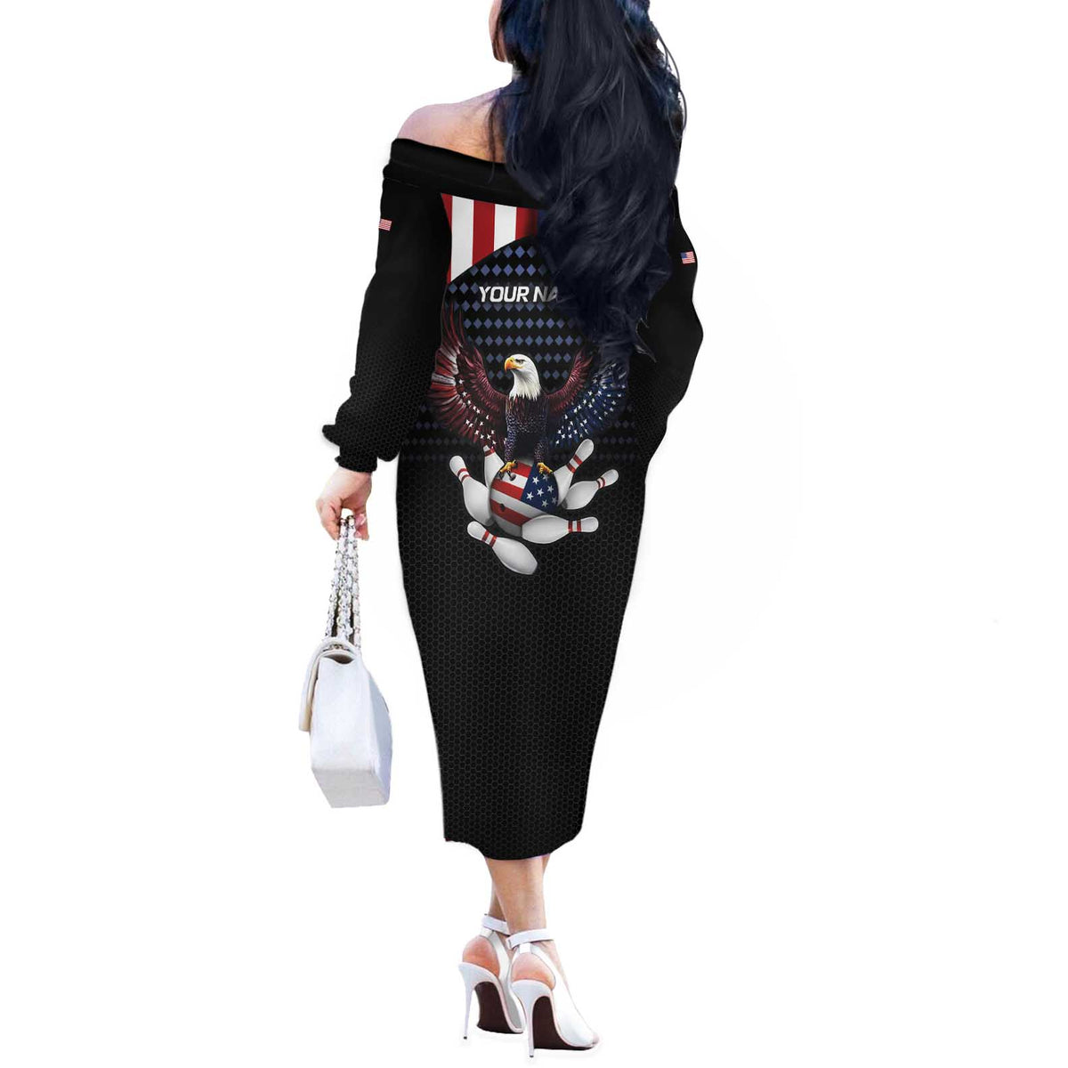 Custom Patriotic Bowling Off The Shoulder Long Sleeve Dress with Bald Eagle, American Flag Bowling Ball - Wonder Print Shop