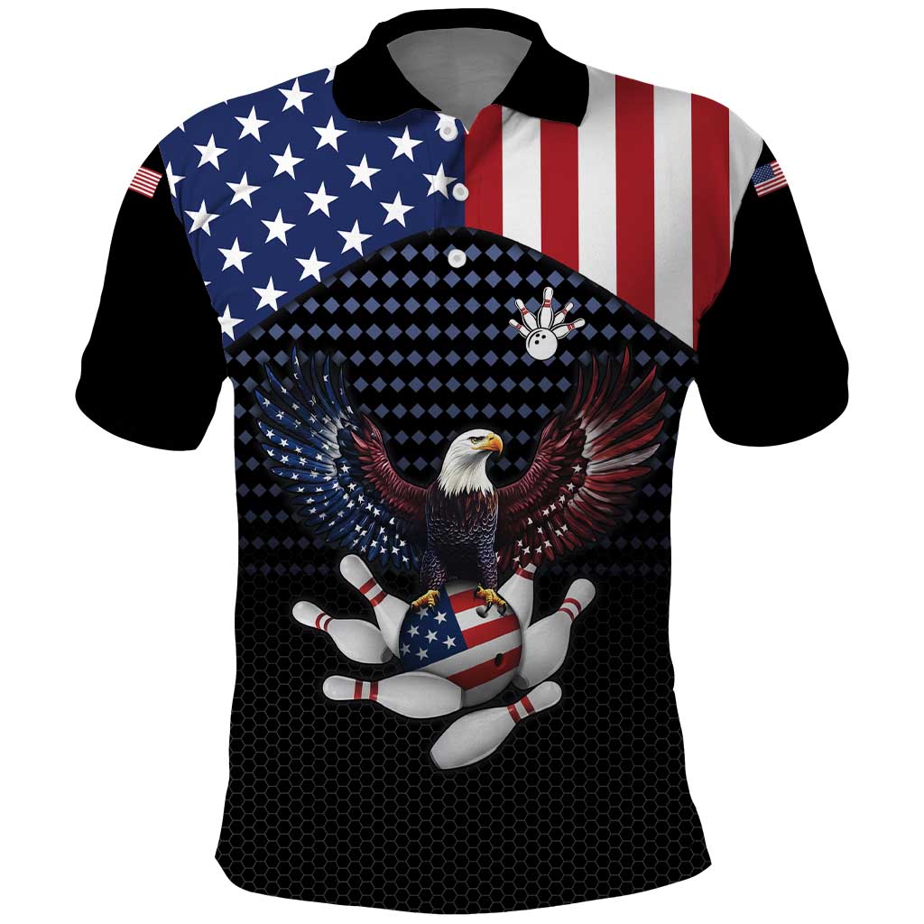 Custom Patriotic Bowling Polo Shirt with Bald Eagle, American Flag Bowling Ball - Wonder Print Shop