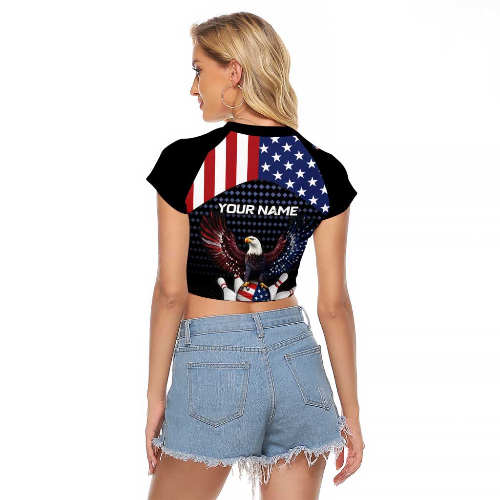 Custom Patriotic Bowling Raglan Cropped T Shirt with Bald Eagle, American Flag Bowling Ball - Wonder Print Shop