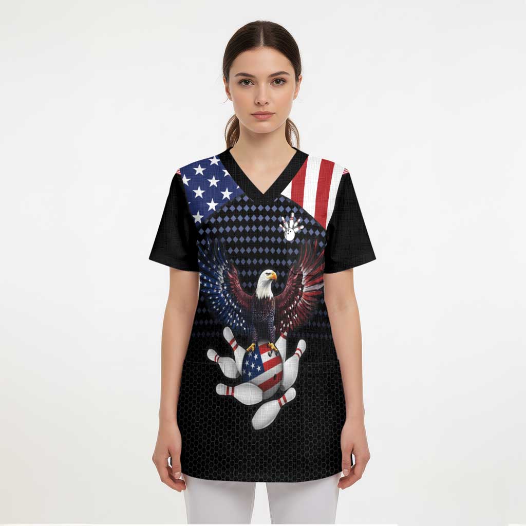 Custom Patriotic Bowling Scrub Top with Bald Eagle, American Flag Bowling Ball - Wonder Print Shop