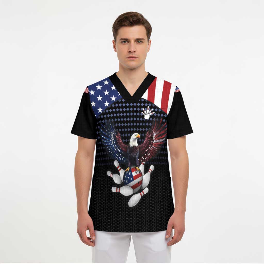 Custom Patriotic Bowling Scrub Top with Bald Eagle, American Flag Bowling Ball - Wonder Print Shop