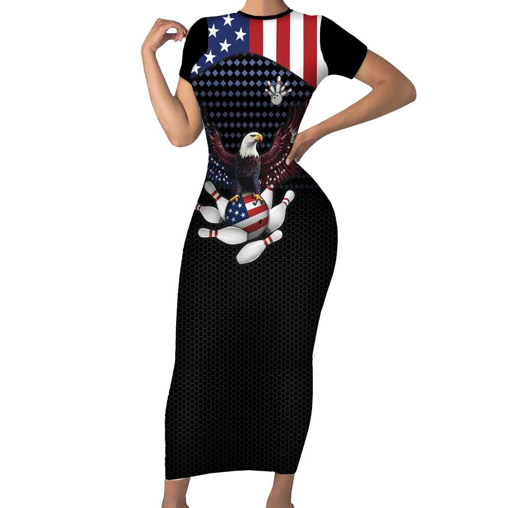 Custom Patriotic Bowling Short Sleeve Bodycon Dress with Bald Eagle, American Flag Bowling Ball - Wonder Print Shop