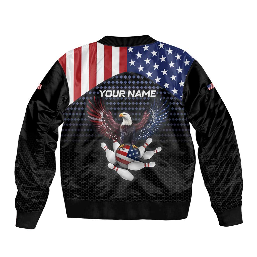Custom Patriotic Bowling Sleeve Zip Bomber Jacket with Bald Eagle, American Flag Bowling Ball - Wonder Print Shop