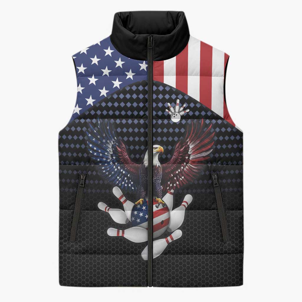 Custom Patriotic Bowling Sleeveless Puffer Jacket with Bald Eagle, American Flag Bowling Ball - Wonder Print Shop