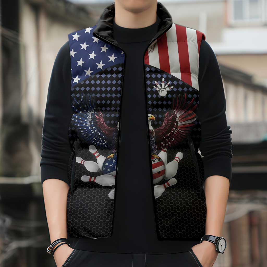 Custom Patriotic Bowling Sleeveless Puffer Jacket with Bald Eagle, American Flag Bowling Ball - Wonder Print Shop