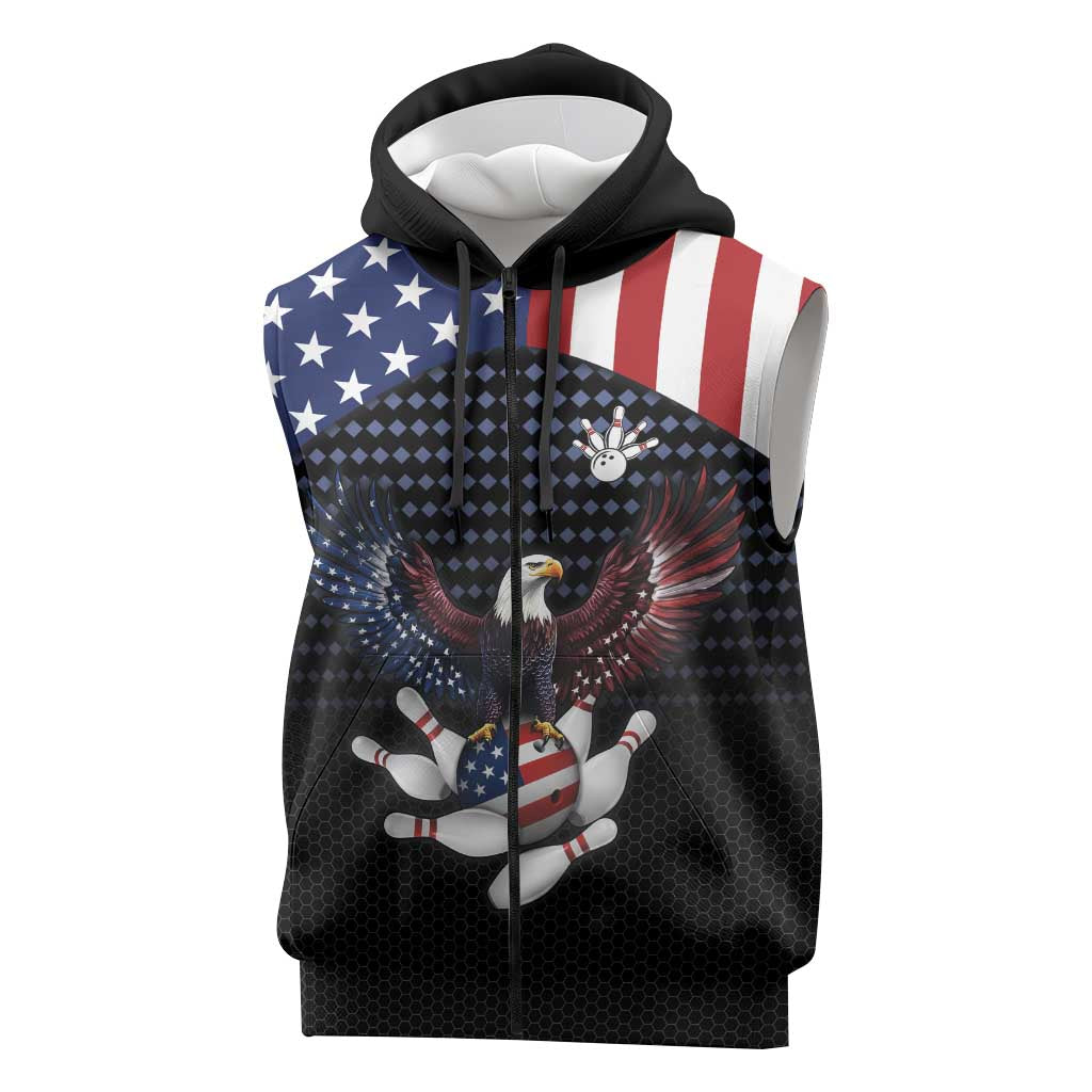 Custom Patriotic Bowling Sleeveless Zip Hoodie with Bald Eagle, American Flag Bowling Ball - Wonder Print Shop