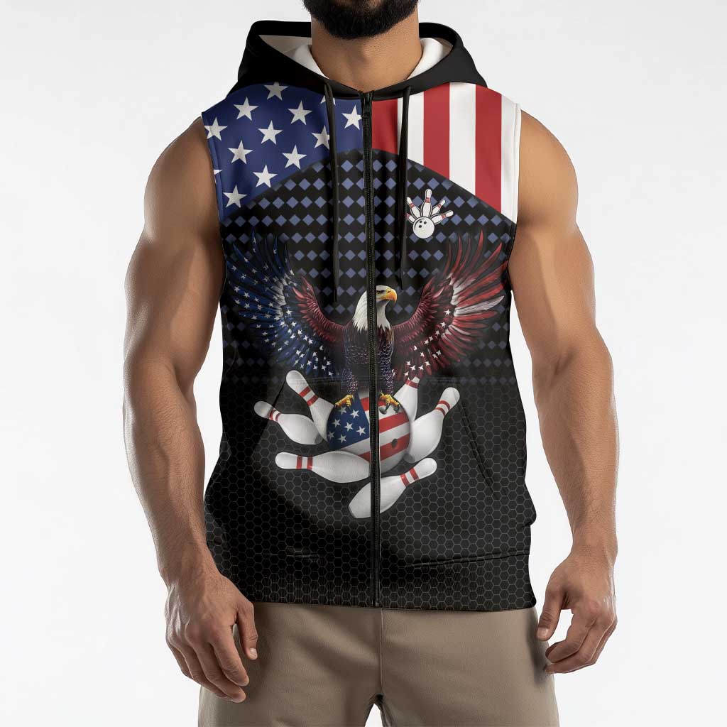 Custom Patriotic Bowling Sleeveless Zip Hoodie with Bald Eagle, American Flag Bowling Ball - Wonder Print Shop