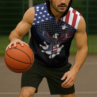 Custom Patriotic Bowling Sleeveless Zip Hoodie with Bald Eagle, American Flag Bowling Ball - Wonder Print Shop