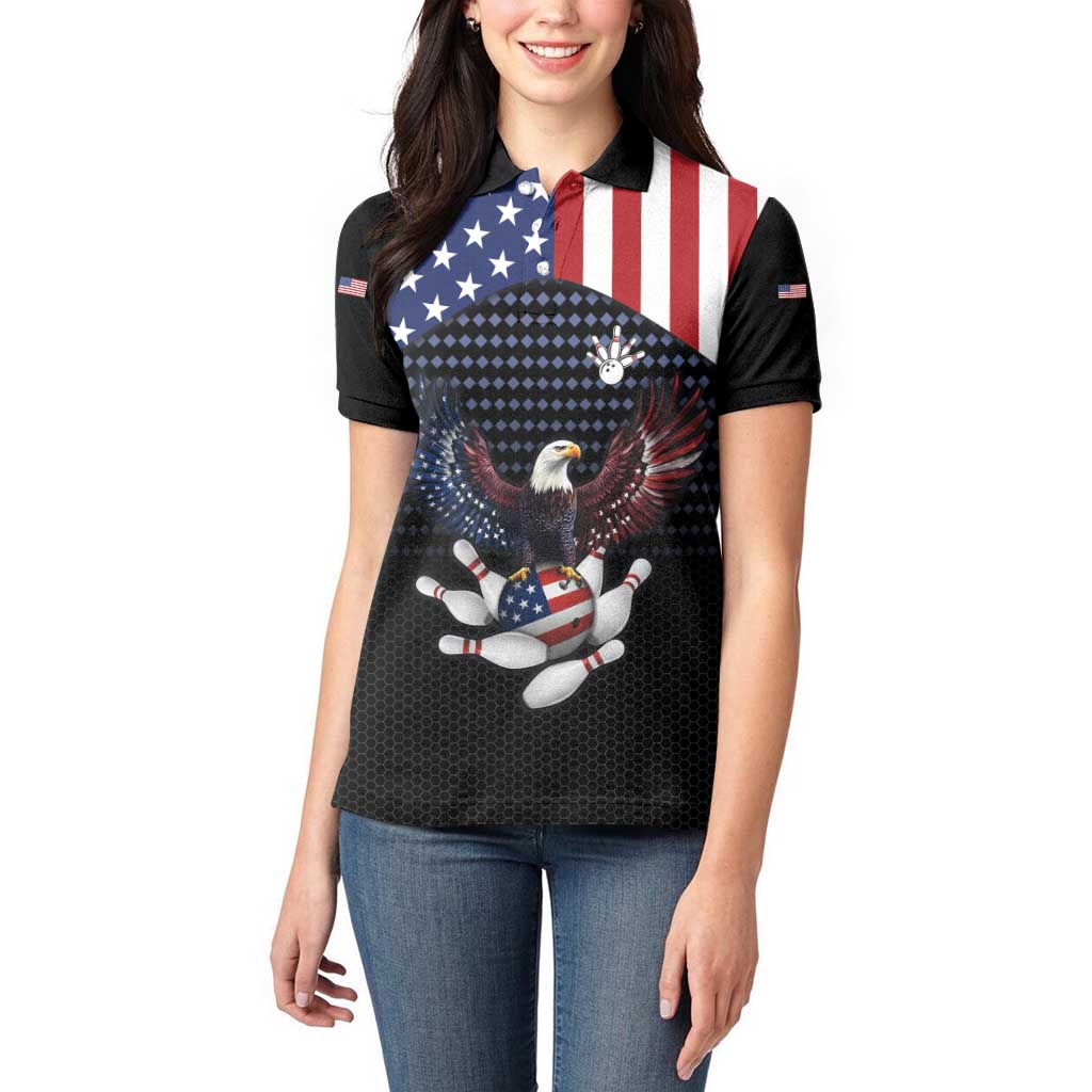 Custom Patriotic Bowling Women Polo Shirt with Bald Eagle, American Flag Bowling Ball - Wonder Print Shop