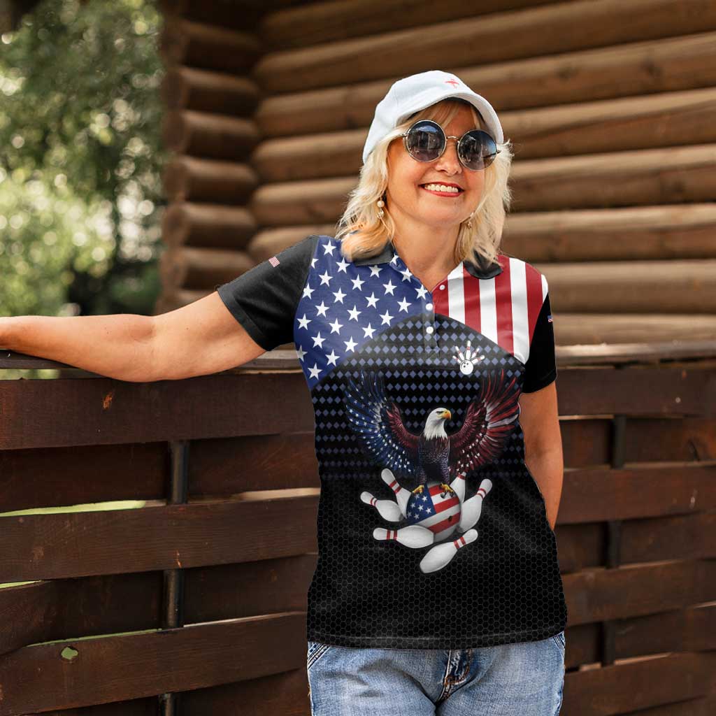 Custom Patriotic Bowling Women Polo Shirt with Bald Eagle, American Flag Bowling Ball - Wonder Print Shop