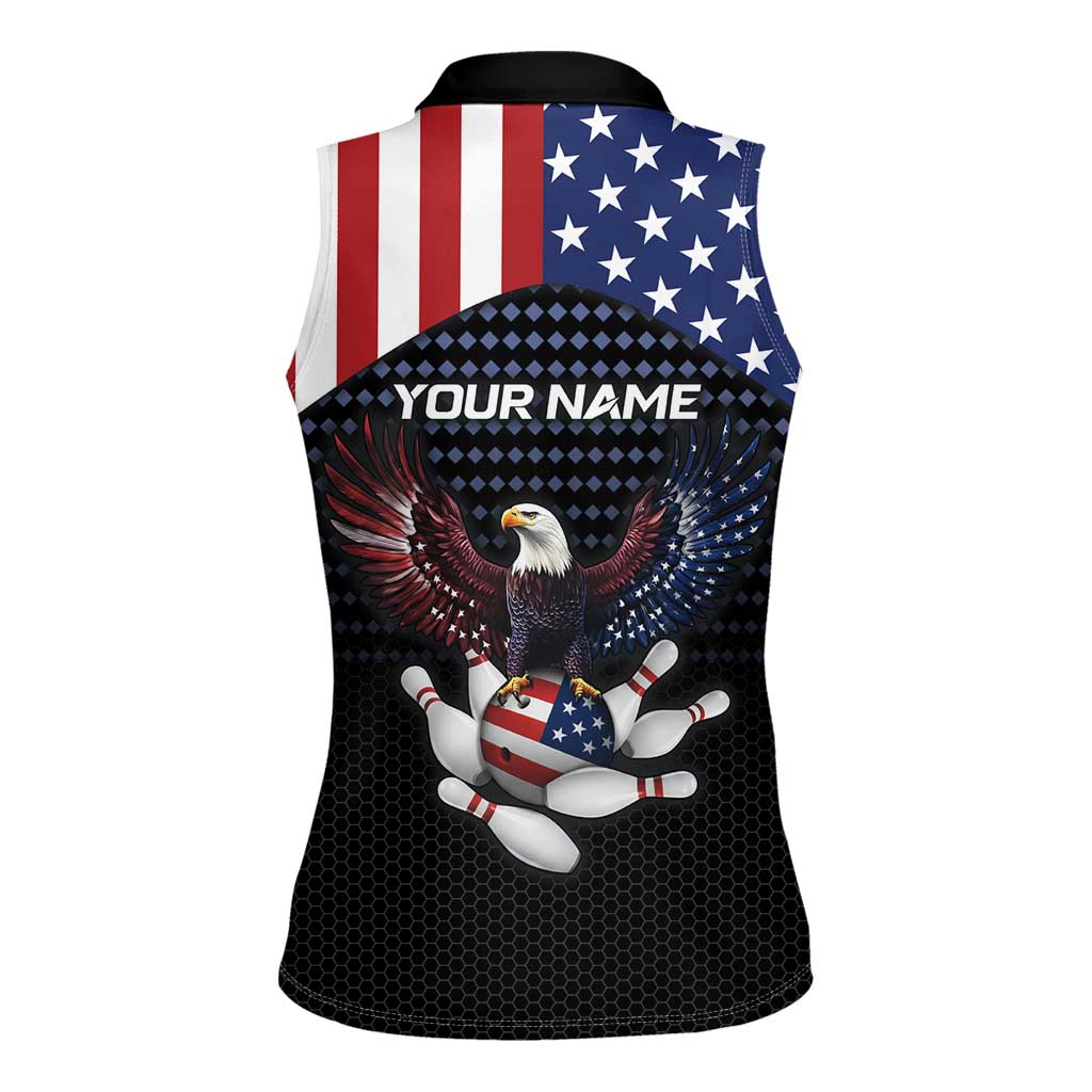 Custom Patriotic Bowling Women Sleeveless Polo Shirt with Bald Eagle, American Flag Bowling Ball - Wonder Print Shop