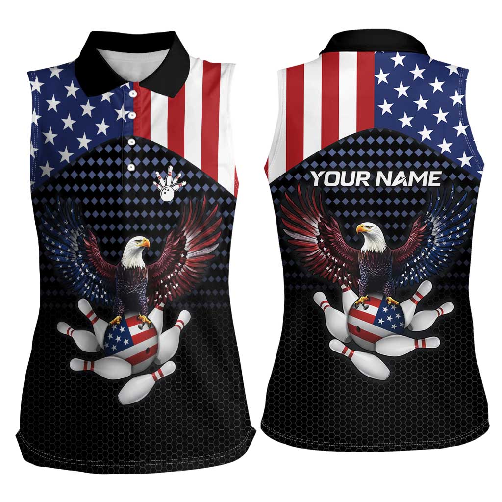 Custom Patriotic Bowling Women Sleeveless Polo Shirt with Bald Eagle, American Flag Bowling Ball - Wonder Print Shop