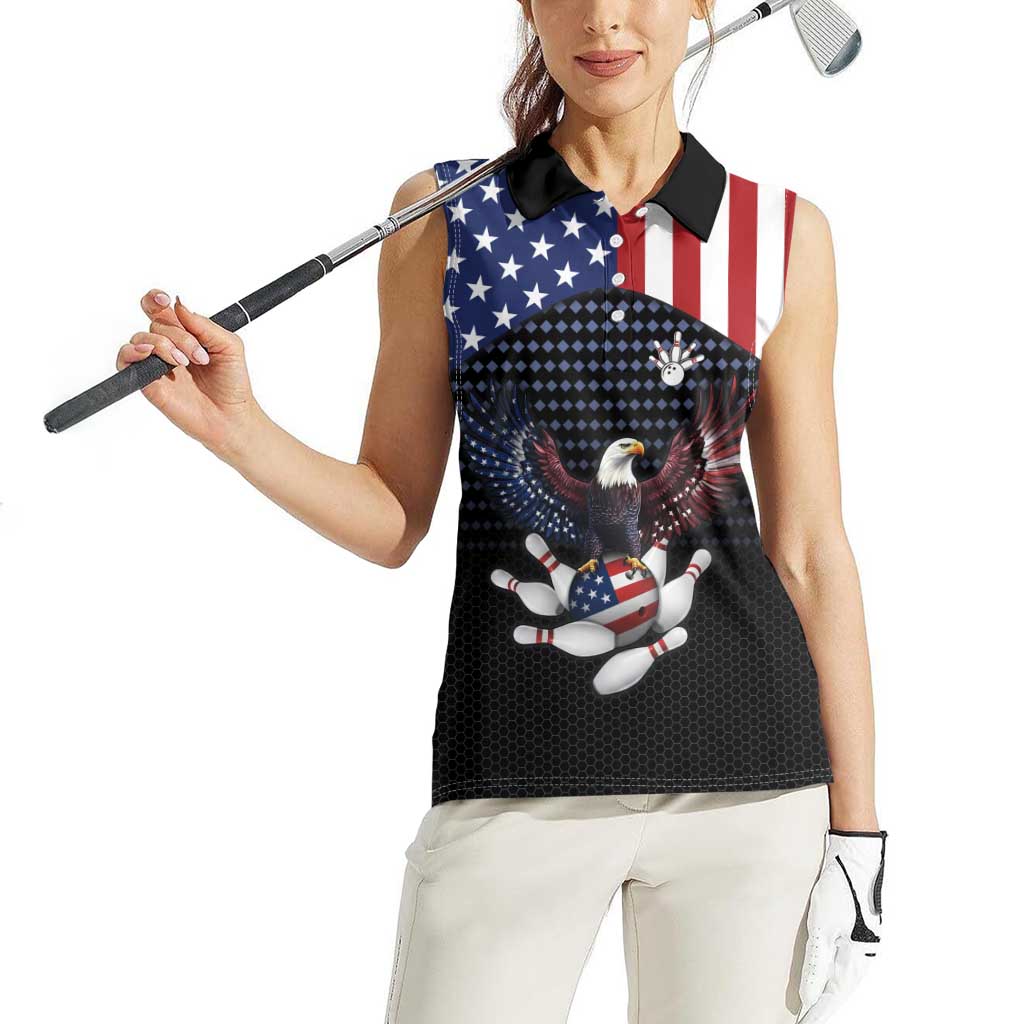 Custom Patriotic Bowling Women Sleeveless Polo Shirt with Bald Eagle, American Flag Bowling Ball - Wonder Print Shop