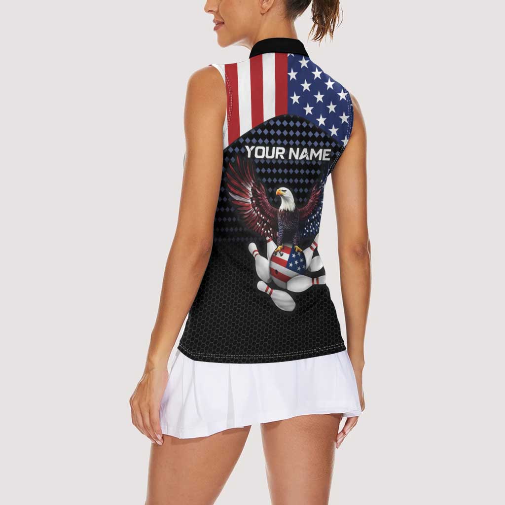 Custom Patriotic Bowling Women Sleeveless Polo Shirt with Bald Eagle, American Flag Bowling Ball - Wonder Print Shop