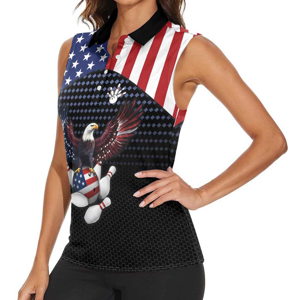 Custom Patriotic Bowling Women Sleeveless Polo Shirt with Bald Eagle, American Flag Bowling Ball - Wonder Print Shop