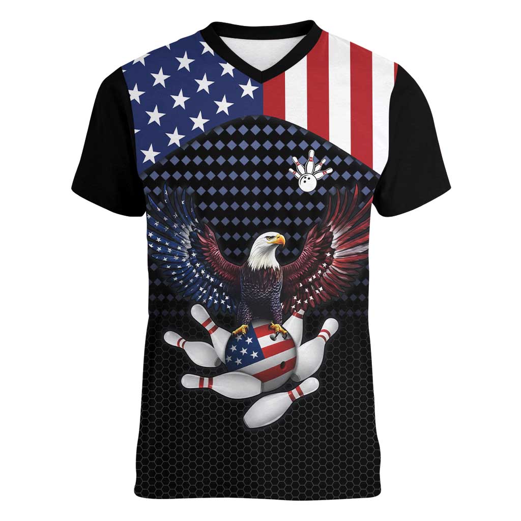 Custom Patriotic Bowling Women V-Neck T-Shirt with Bald Eagle, American Flag Bowling Ball - Wonder Print Shop