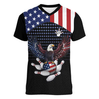 Custom Patriotic Bowling Women V-Neck T-Shirt with Bald Eagle, American Flag Bowling Ball - Wonder Print Shop