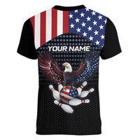 Custom Patriotic Bowling Women V-Neck T-Shirt with Bald Eagle, American Flag Bowling Ball - Wonder Print Shop