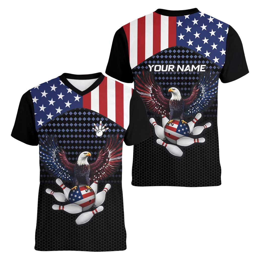 Custom Patriotic Bowling Women V-Neck T-Shirt with Bald Eagle, American Flag Bowling Ball - Wonder Print Shop
