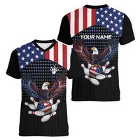 Custom Patriotic Bowling Women V-Neck T-Shirt with Bald Eagle, American Flag Bowling Ball - Wonder Print Shop