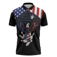 Custom Patriotic Bowling Zipper Polo Shirt with Bald Eagle, American Flag Bowling Ball - Wonder Print Shop