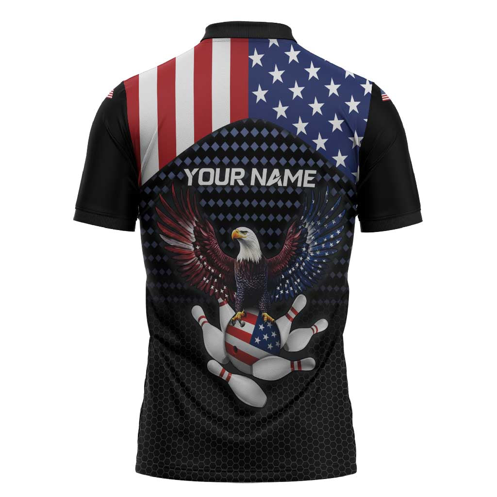 Custom Patriotic Bowling Zipper Polo Shirt with Bald Eagle, American Flag Bowling Ball - Wonder Print Shop