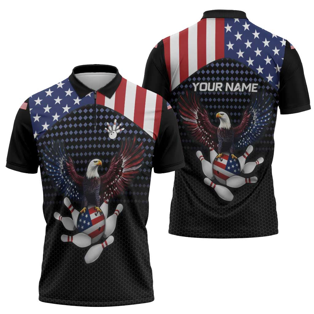 Custom Patriotic Bowling Zipper Polo Shirt with Bald Eagle, American Flag Bowling Ball - Wonder Print Shop